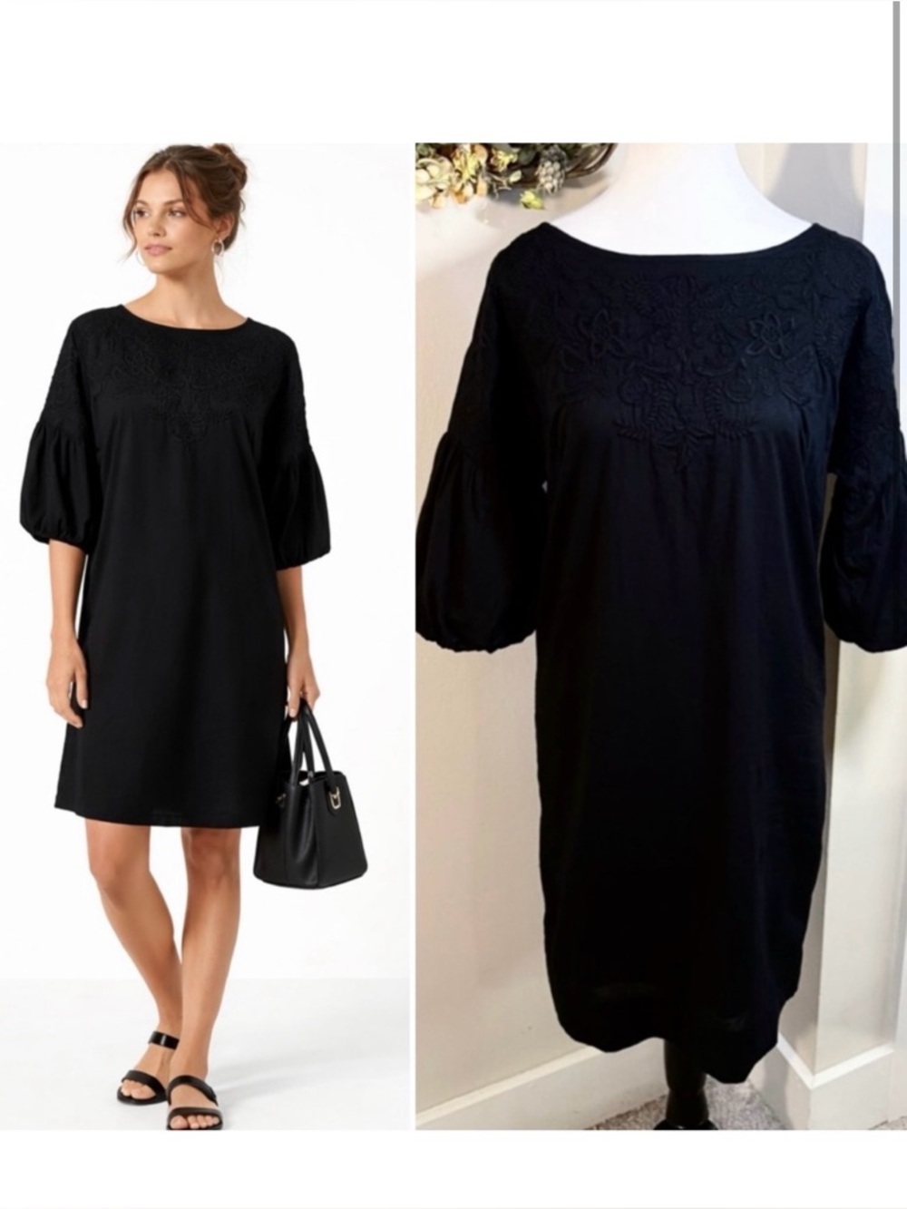 Lauren Ralph Lauren Black Embroidered Cotton Balloon Sleeve Shift Dress Sz 2💛